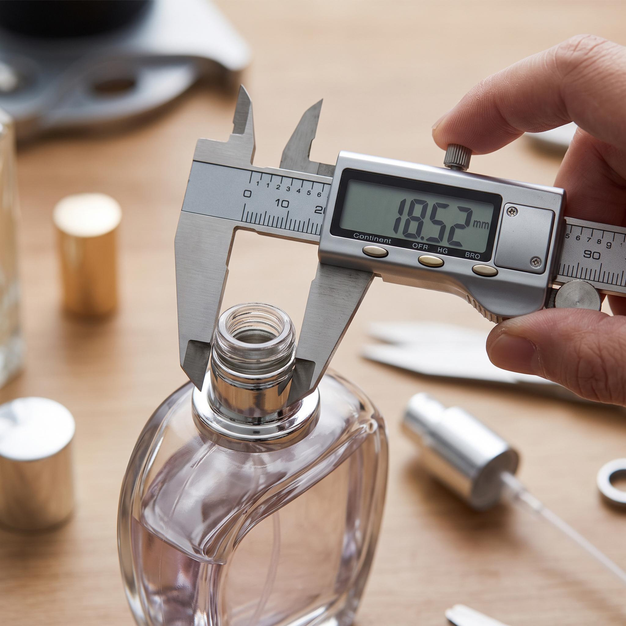 Digital caliper measuring glass bottle neck