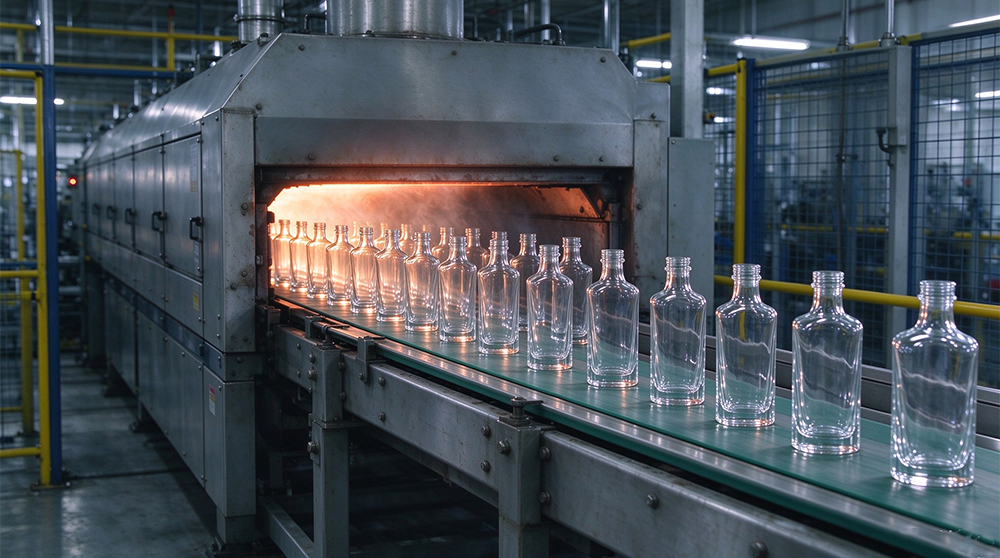 Glass bottles passing through an annealing furnace