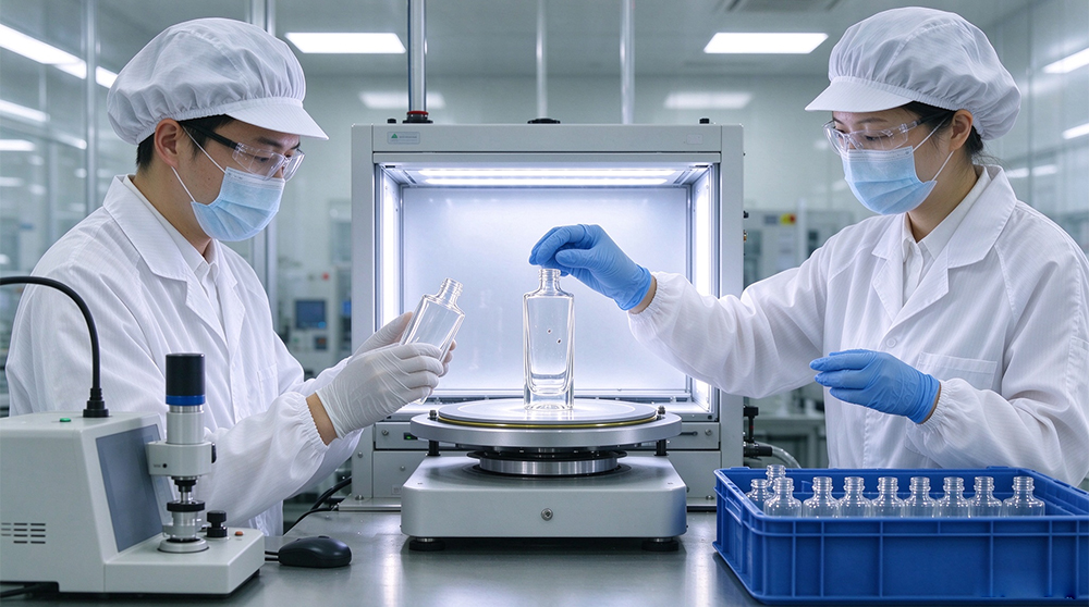 Technicians inspecting glass bottle quality